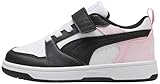chaussures noires et blanches pour homme Tige riche ; semelle intermédiaire et semelle extérieure en caoutchouc ; col mi-haut offrant un soutien de la cheville et une protection pendant le sport et les activités ; fermeture élastique et Velcro ; logo PUMA imprimé sur la languette et bande de forme sur les côtés ; PUMA Kids : recommandé pour les jeunes enfants entre 4 et 8 ans ; 95,59 % synthétique, 4,41 % textile