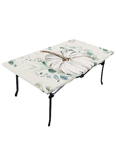 Fall Thanksgiving Fitted Table Covers for 4 Foot Tables, Grey Pumpkin Eucalyptus Leaves Rustic Burlap Elastic Table Cover Rectangle 24