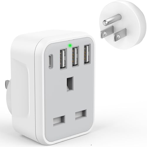 UK to US Plug Travel Adapter USA Travel Adapter with 4 USB Ports (1 USB C Fast Charger) American to UK Plug Adapter for US Canada Mexico Thailand and More(Type B)