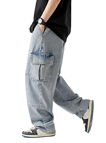 Streetwear Hip Hop Loose Elastic Waist Loose Fit Cargo Denim Joggers Pants Jeans