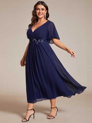 Ever-Pretty Women's V Neck Pleated Chiffon Applique Ruffles Sleeves Maxi Plus Size Formal Wedding Guest Dresses3