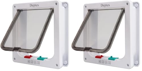 Image of Depets Medium Cat Flap Door with 4 Way Lock (Outer Size 7.5 inch x 7.8 inch), Magnetic Pet Door Kit White, Weather-Resistant Cat Door for Cats & Doggy (Pack of 2)