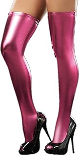 FONDBERYL Women's Wet Look Thigh High Stockings Trim Hold-ups Metallic Tights Ladies Nightwear Clubwear Dance Party Costume Fancy Dress