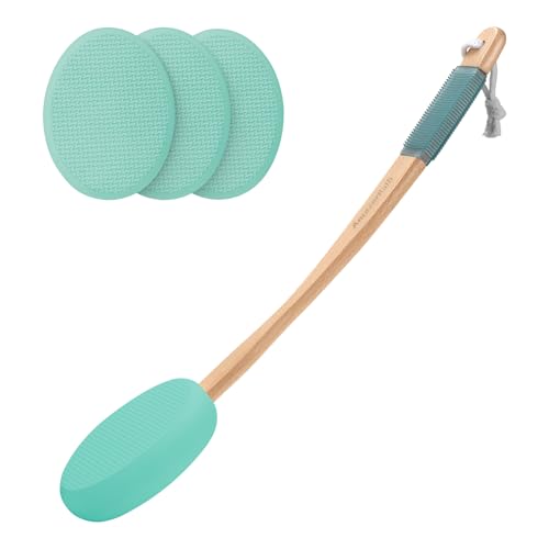 Image of AmazerBath Lotion Applicator for Back, Feet, 4 Replacement Pads with 17 inch Curved Handle, Back Sunscreen Applicator for Kids, Elderly, Women, Apply Skin Cream Medicine Moisturizer Tanner, Apple Green