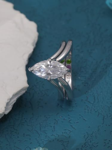 2-PC Marquise Cut Moissanite Ring Set | S925 Sterling Silver 2CT Wedding Jewelry, 6x12mm Hypoallergenic Bridal Set for Women, Non-Tarnish Stackable Engagement Rings3