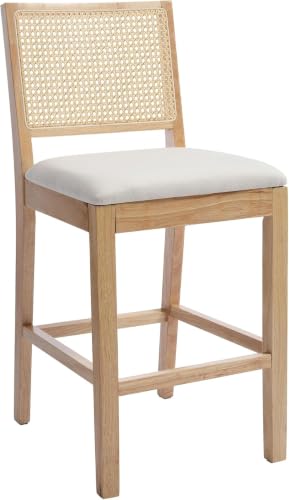 Image of 26'' Rattan Bar Stools Set of 4, Linen Seat,Cream | Cane Back,Rubberwood Frame,Low Maintain Fabric,Tucks Under Counters,for Kitchen Island Home Bar