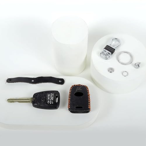 Image of Leather Smart Car Key Cover Case with Metal Hook Keychain for i-10 Grand (Black)