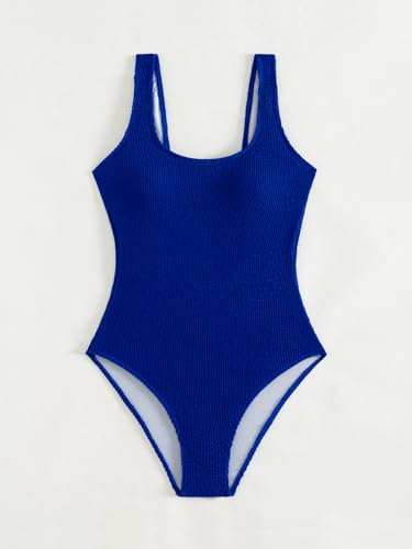 Image of Limeeke Women One Piece Swimsuit Solid Ribbed Monokini Swimwear Scoop Neck Low Back Bathing Suit