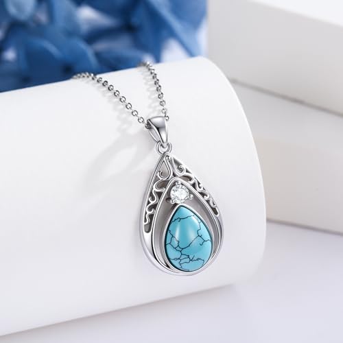 Opal/Turquoise Necklace 925 Sterling Silver Filigree Teardrop Pendant Necklace Turquoise Jewelry Christmas Gifts for Women Her Mom2