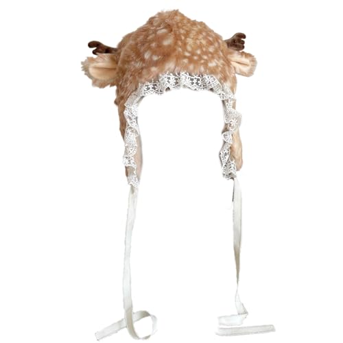 Furry Leg Warmer for Girls Cartoon Deer with Lace Brim Oversized Headgear Lovely Hat Cosplay Photo Props