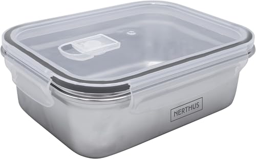 NERTHUS FIH 1514 Recipiente hermético rectangular de acero inoxidable, libre de BPA, apto para microondas y congelador, ideal para almacenar y transportar alimentos