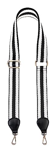 Purse Straps Replacement Crossbody with Brass Hardware 1-1/2 Inch Black Offwhite Adjustable Shoulder Guitar Strap for Handbag