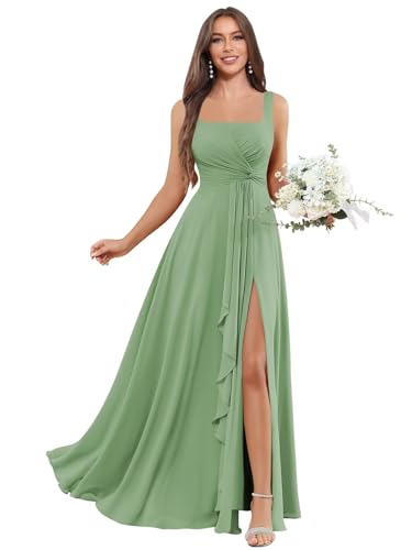 Ruffle Chiffon Bridesmaid Dresses Long A Line Slit Square Neck Evening Formal Gown with Pockets