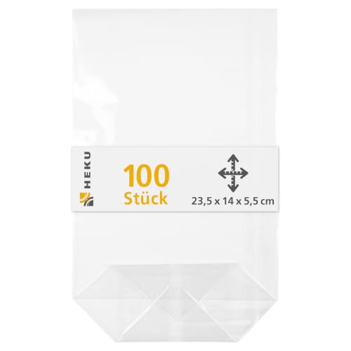 HEKU 100er Packung Transparente Bodenbeutel 235x140x55mm I Stabiler Kreuzboden I Reißfestes Polypropylen Material I Ideal für Süßigkeiten & selbstgebackene Plätzchen