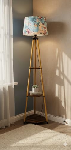 BRIGHTEN DECOR Modern Tripod Floor Lamp with Storage Shelves, Floral Lampshade, Brass Finish, Wood Base, for Living Room, Bedroom