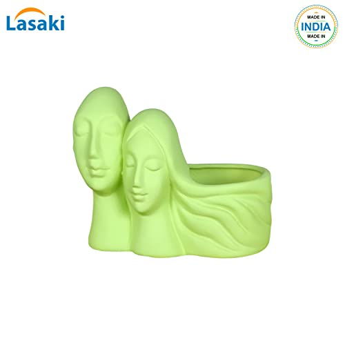 Image of Lasaki Couple Mint Ceramic Pots for Indoor Plants, Planters, Flower, Pots, gamla, Outdoor, Balcony, Home, Garden, Office Decor, Succulent Pot(L - 16 X W - 10 X H - 14.5 cm)(Plants not Included)
