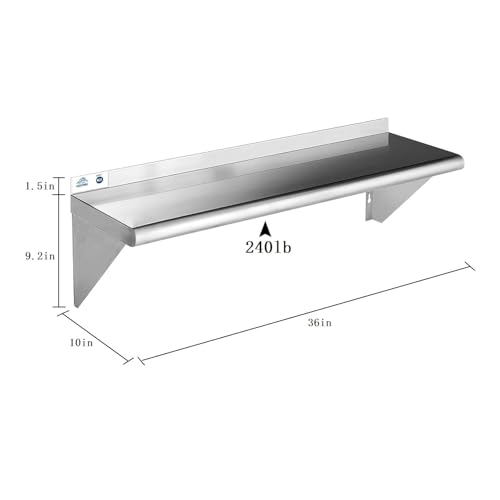 Image of ROCKPOINT Stainless Steel Shelf 10 x 36 Inches 240lb, 2 Pack NSF Metal Commercial Shelves Wall Mount Floating Shelving with Backsplash for Restaurant, Kitchen, Home and Hotel, Silver