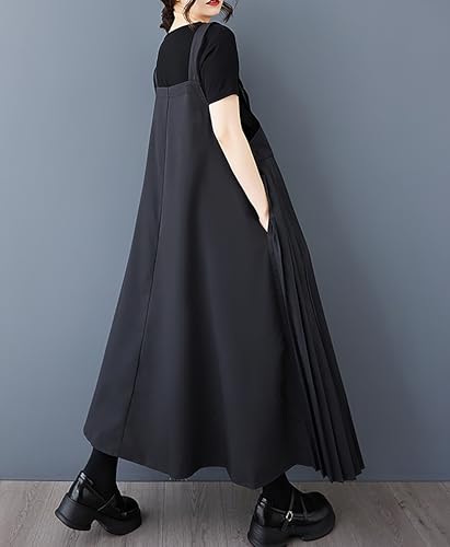 ellazhu Women's Dress Squareneck Sleeveless Pleats Patchwork Color Block Adjustable Strap with Pocket GZ4992