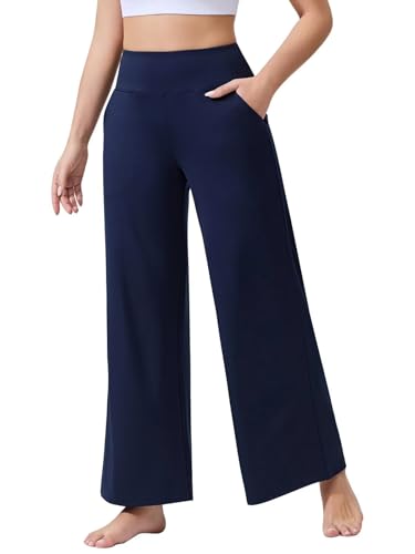 Image of ZENGVEE Yoga Pants with Pockets Straight Wide Leg Trousers for Women - High Waist Stretch Work Business Casual Tummy Control Trousers,C9310-Navy-M