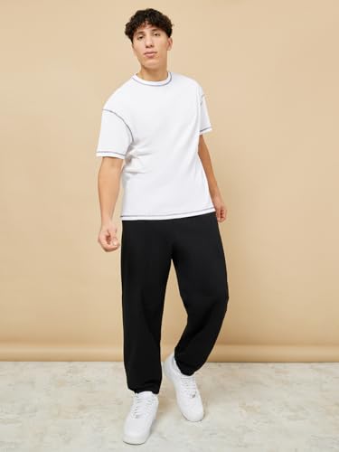 Image of Men's Oversized Crew Neck T-Shirt | Premium Cotton Blend | Contrast Stitch Detail | Half Sleeve Casual Solid Tee for Men