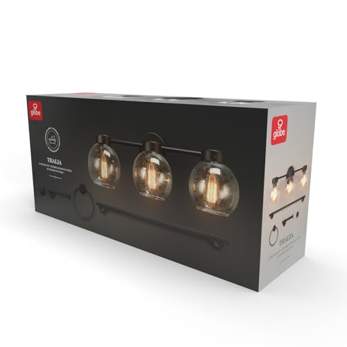 Image of Globe Electric 63000202 5-Piece All-in-One Bathroom Accessory Set with 24 inch 3-Light Vanity Light, Dark Bronze, Seeded Glass Shades, Towel Bar, Robe Hook, Toilet Paper Holder, Towel Ring, Powder Room