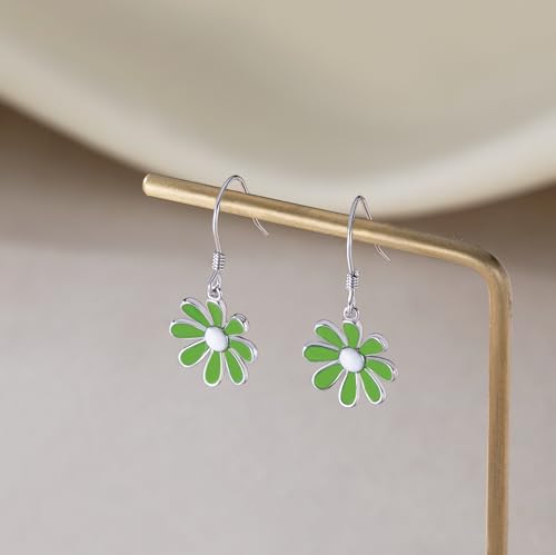 SLUYNZ 925 Sterling Silver Daisy Flower Dangle Drop Earrings for Women Teen Girls Green Flower Drop Earrings Summer Spring2