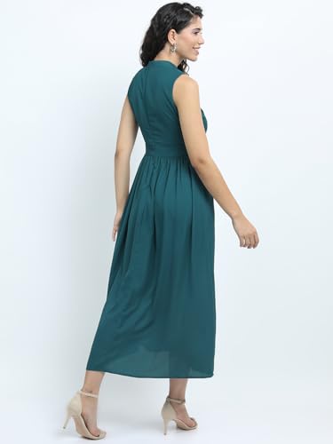 Image of Tokyo Talkies Women's Elegant Floral | A-Line Midi Dress | Sweetheart Neck | Short Sleeves |Front Slit & Gathered Detail