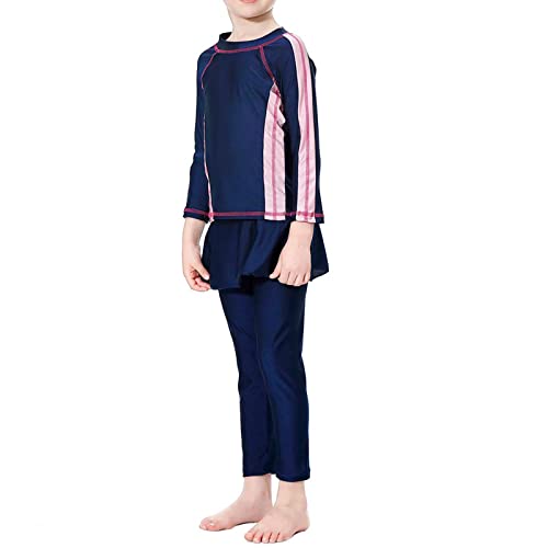 RNTOP Girls Swimsuit 3PCS Rash Guard Sets Top+Pant+Cap UPF 50+ Sun Protective Long Sleeve Swimwear (Blue, 7-8 Years)
