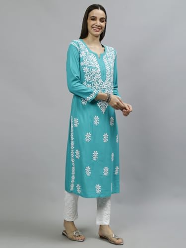 Image of Seva Chikan Hand Embroidered Lucknowi Chikankari Rayon Straight Kurta for Women SCL4532