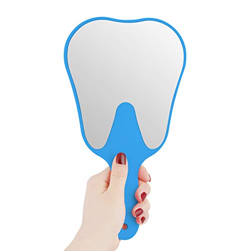 Annhua Espejo de mano pequeño con asa azul, espejo de mano en forma de dientes para niños, bonito para salón, peluquería, peluquería, fácil de usar y ligero Cover