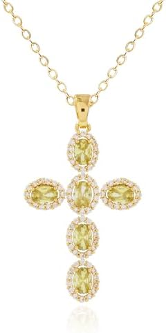 Colar feminino com pingente de cruz verde peridoto banhado a ouro...