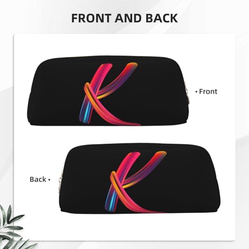 Image of Cute Initial Pencil Case for Kids Simple Leather Pencil Pouch for Boys Girls Letter Design Pencil Box Pen Bag Pencil Pouch Office Stationery Organizer, Rainbow Letter K