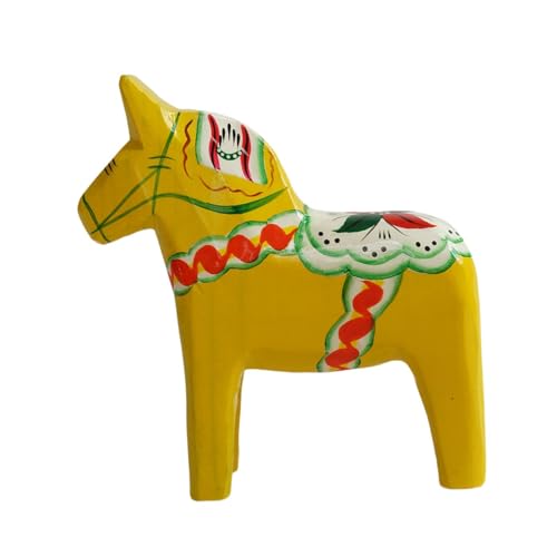 Swedish Dala Horse Statue Hand-Painted Yellow Wooden Figurine for Desktop Bookshelf and Fireplace Decor
