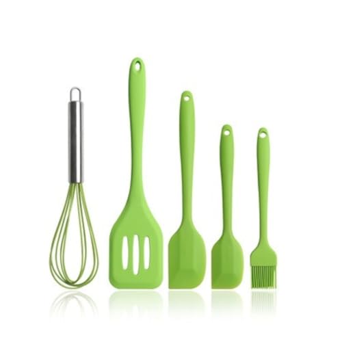高温シリコーンベーキング5個セットスクレーパーオイルブラシ泡立て器食品グレードベーキングツールセットベイク・サーブセット (緑)