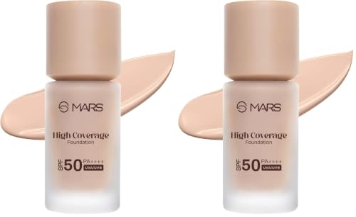 Image of MARS SPF50 PA++++ High Coverage Foundation | Blemish Free & Blendable Makeup | For All Skin Type | IN-VIVO Tested with 5 Star UVA+UVB Protection Boost Rating (40ml) (SHADE-02) (Pack of 2)