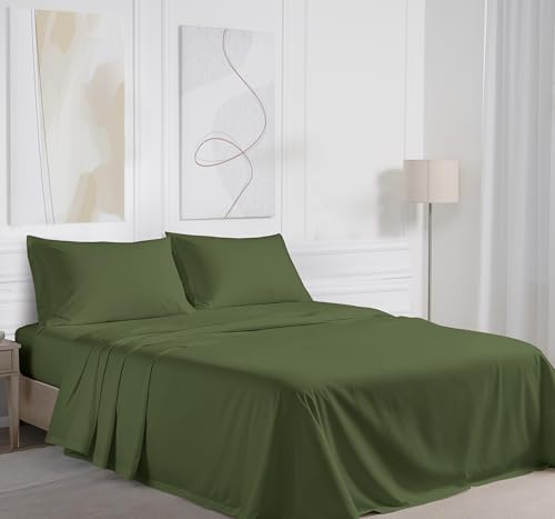 RUVANTI 100% Cotton King Size Sheets Set, 4 Pieces, Soft & Breathable Percale Weave Bedding, Deep Pocket 16", Hotel Standard, Crisp Cool Feel, Durable, Perfect Dyed Bed Sheet, Chive