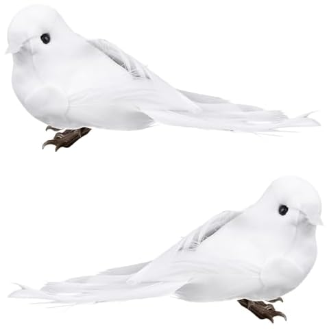 LWINGFLYER 2pcs White Doves Decorative Birds Artificial Simulation Foam Feathered Bird Pigeons Ornament for Wedding Wreaths Craft Christmas Tree Decorations 12cm (Wire Feet) Cover