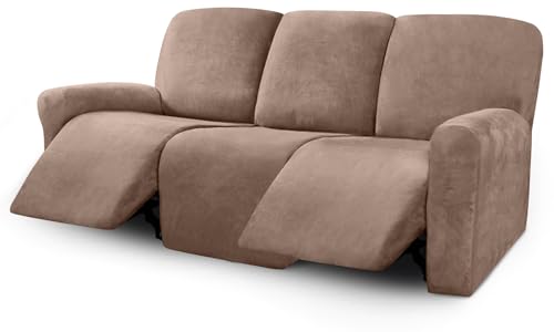 Image of ULTICOR Velvet 8-Pieces Recliner Sofa Covers Stretch Reclining Couch Covers for 3 Cushion Reclining Sofa Slipcovers Furniture Covers Thick Soft Washable (3 Seater Recliner Cover, Sand)