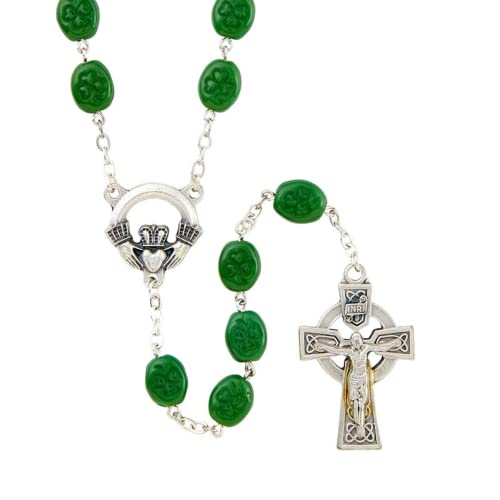 Needzo Shamrock Rosary with Claddagh Centerpiece, Irish Catholic Unisex Prayer Beads, Religious Jewelry Necklace with Traditional Crucifix Charm Dangle