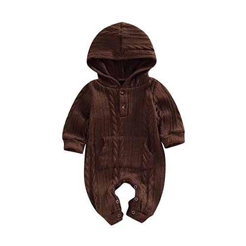 Image of Ynibbim Winter Newborn Baby Boy Girl Solid Romper Unisex Infants Hooded Outfit Clothes Waffle Cotton Button Jumpsuits