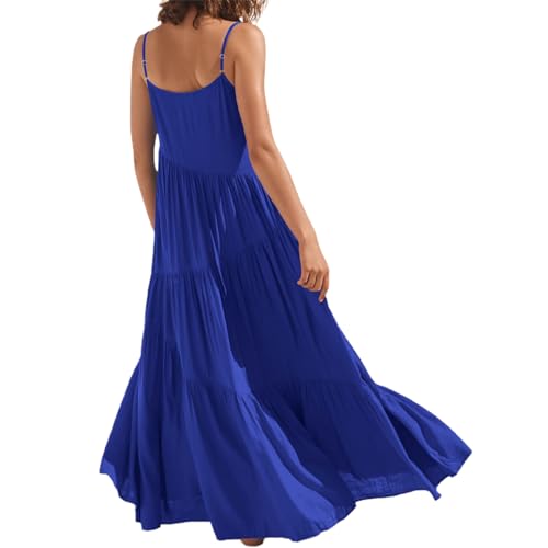 Chatinction Women Summer Casual Loose Dress Spaghetti Strap Asymmetric Tiered Sundresses Beach Cami Maxi Dresses Royal Blue S2