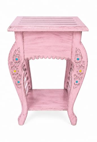 Image of Multipurpose Table Outdoor Indoor Stool Flower Vase Stool with One Drawer Material Mango Wood Size 30.5CM x 30.5CM x 53.3CM (Lite Pink Antique)