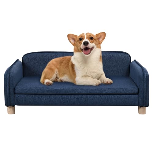 Big Sized Dog Bed -Wooden Frame Pet Sofa Couch, Washable Cushion Cat Couch, Linen Fabric Dog Sofa and Chair for Medium Pet Rest. (Blue)