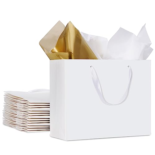 Plauthus Sage Green Gift Bag with Ribbon, 13" Large Gift Bag with Handle, Greeting Card & 2 Tissue Paper（Gold Foil Frame） for Baby, Baby Shower, Weddings, Bridal Showers, Engagements, Any Occasion