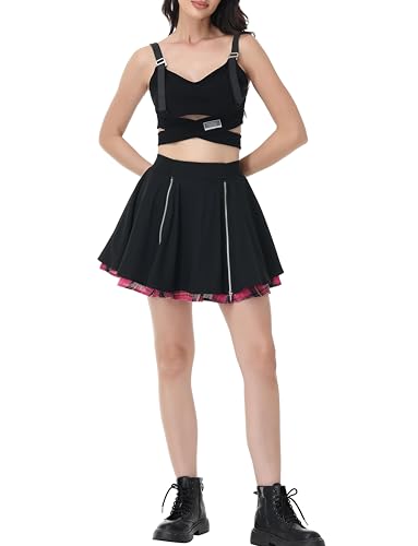 Kisidoo Gothic Skirts Cute High Elastic Waisted Plaid Kilts for Women Trendy Hem Flared Knee Length Mini Skater Skirt3