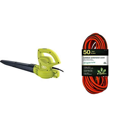 Sun Joe Sbj597E 6-Amp 155 Mph Electric Leaf Blower & Go Green Power Inc. Gg13750 Gogreen Power Gg-13750-16/3 Sjtw Outdoor Extension Cord-Lighted End, 50' #TOP1