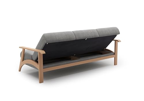 Cavadore 3er-Sofa Billan / 3-Sitzer Schlafsofa im skandinavischen Design mit Bett und massivem Holzgestell in Buche / 199 x 88 x 106 / Mikrofaser, Grau – Bild 5