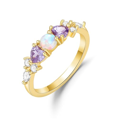 Fimewon Opal Rings for Women 14K Gold Plated Engagement Cubic Zirconia Rings Fashion Gold Jewelry for Women Size 10
