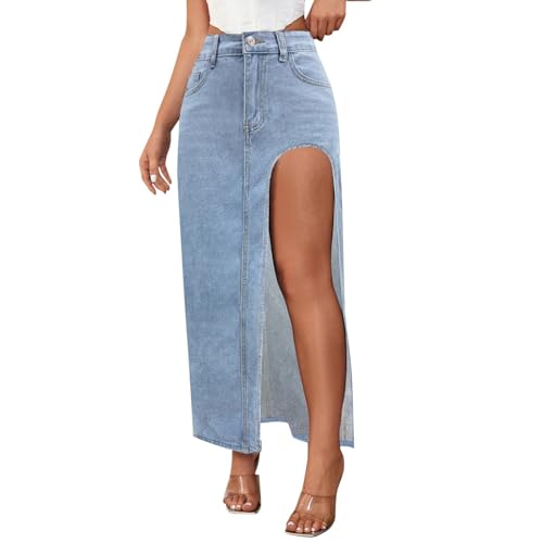Jupe en jean mi-longue avec fente haute design décontracté