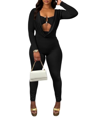 ABKY Sexy Jumpsuits for Women Deep V Neck Long Sleeve